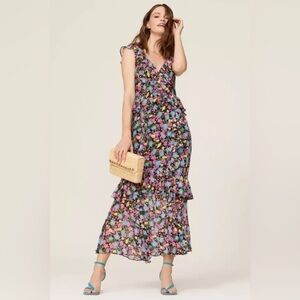 Amur EVITA Multicolor Floral Silk Chiffon Ruffle Maxi Dress Size 12